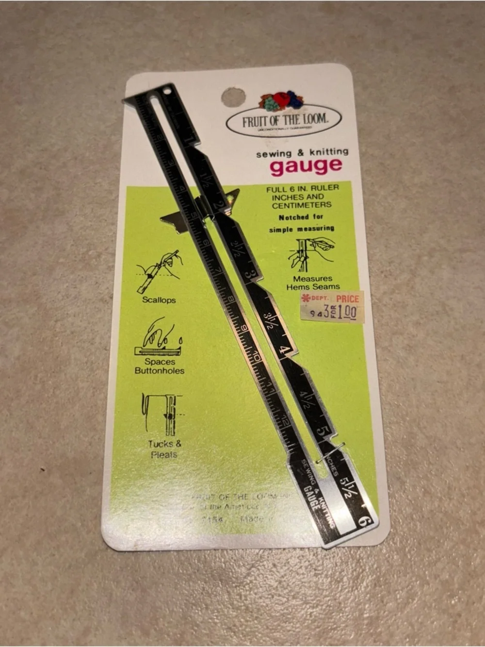 Vintage Fruit of the Loom 6 Inch Metal Sewing and Knitting Gauge Ruler